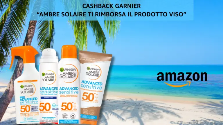 Immagine promozionale Garnier Ambre Solaire con prodotti solari e logo Amazon