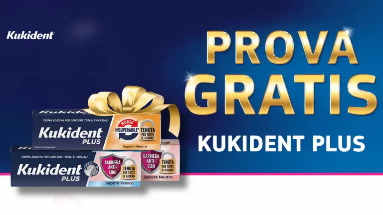 Immagine promozionale del cashback Kukident Plus con la scritta “Prova gratis”