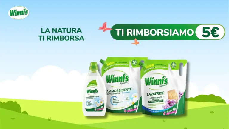 Immagine promozionale cashback Winni’s con prodotti e rimborso da 5€