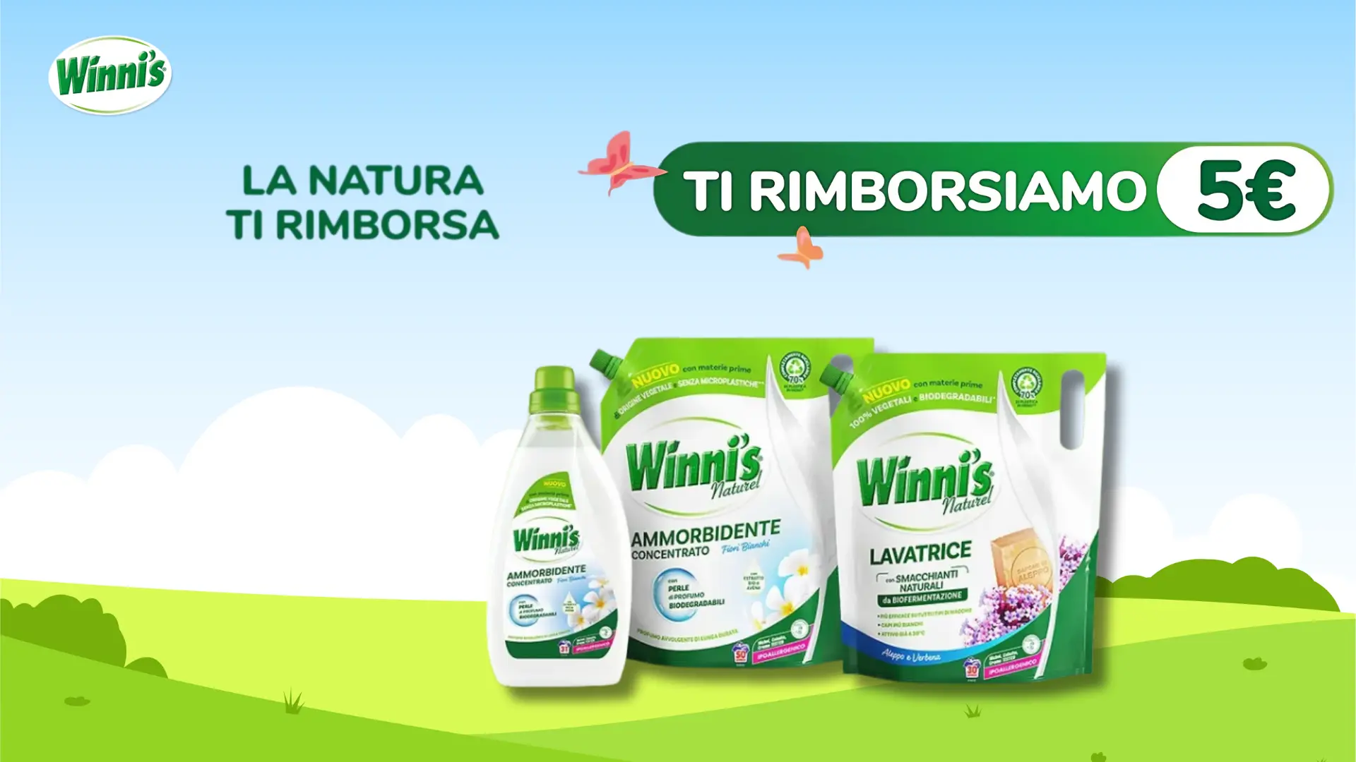 Immagine promozionale cashback Winni’s con prodotti e rimborso da 5€