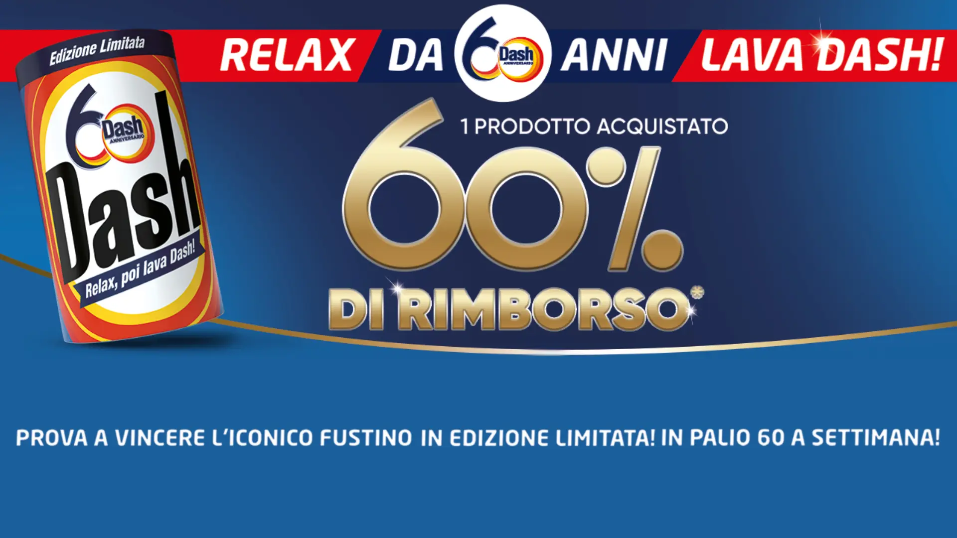 Concorso Dash 60 anni: rimborso del 60% e fustino in palio 1 Immagine promozionale concorso Dash 60 anni con rimborso del 60%