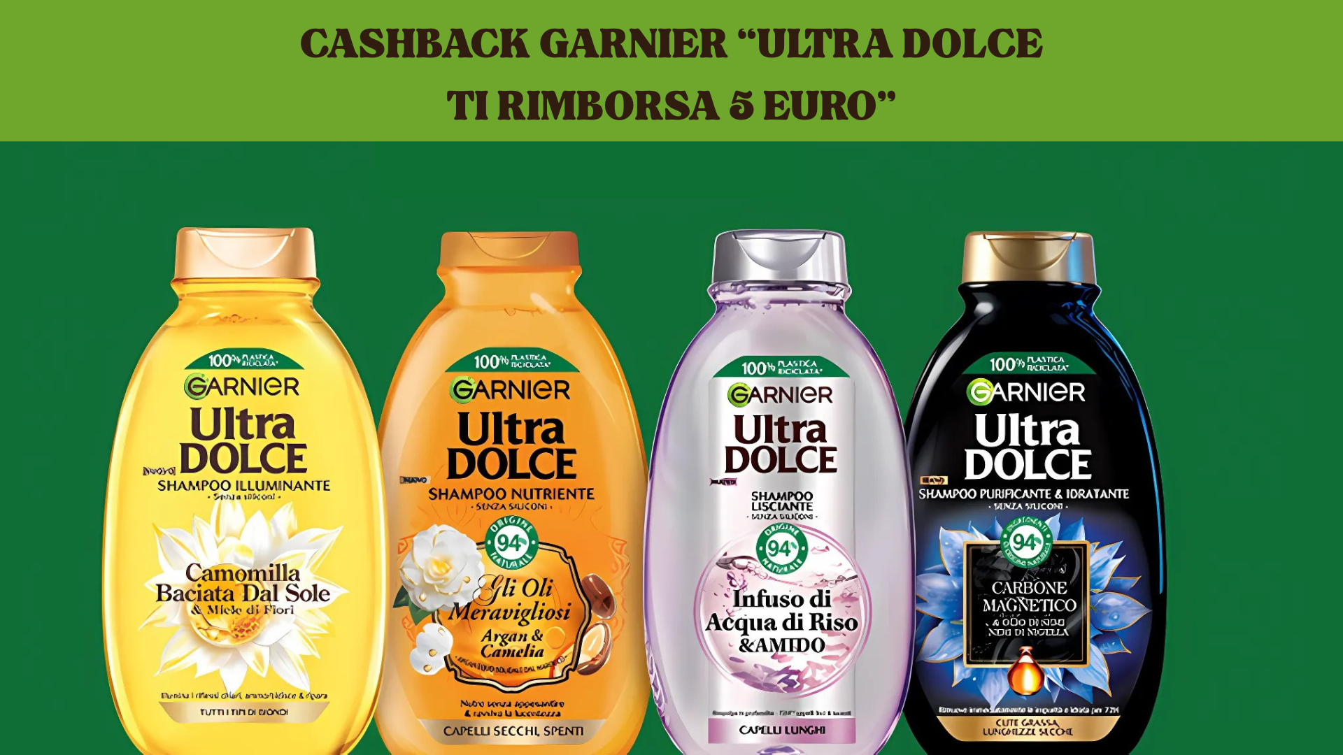 Bottiglie di shampoo Garnier Ultra Dolce per promozione cashback