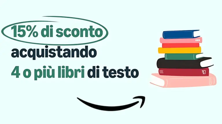 Grafica promozionale Amazon con sconto del 15% acquistando 4 o più libri scolastici