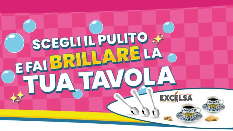 Banner promozionale Scegli il Pulito con tazzine e cucchiaini in omaggio