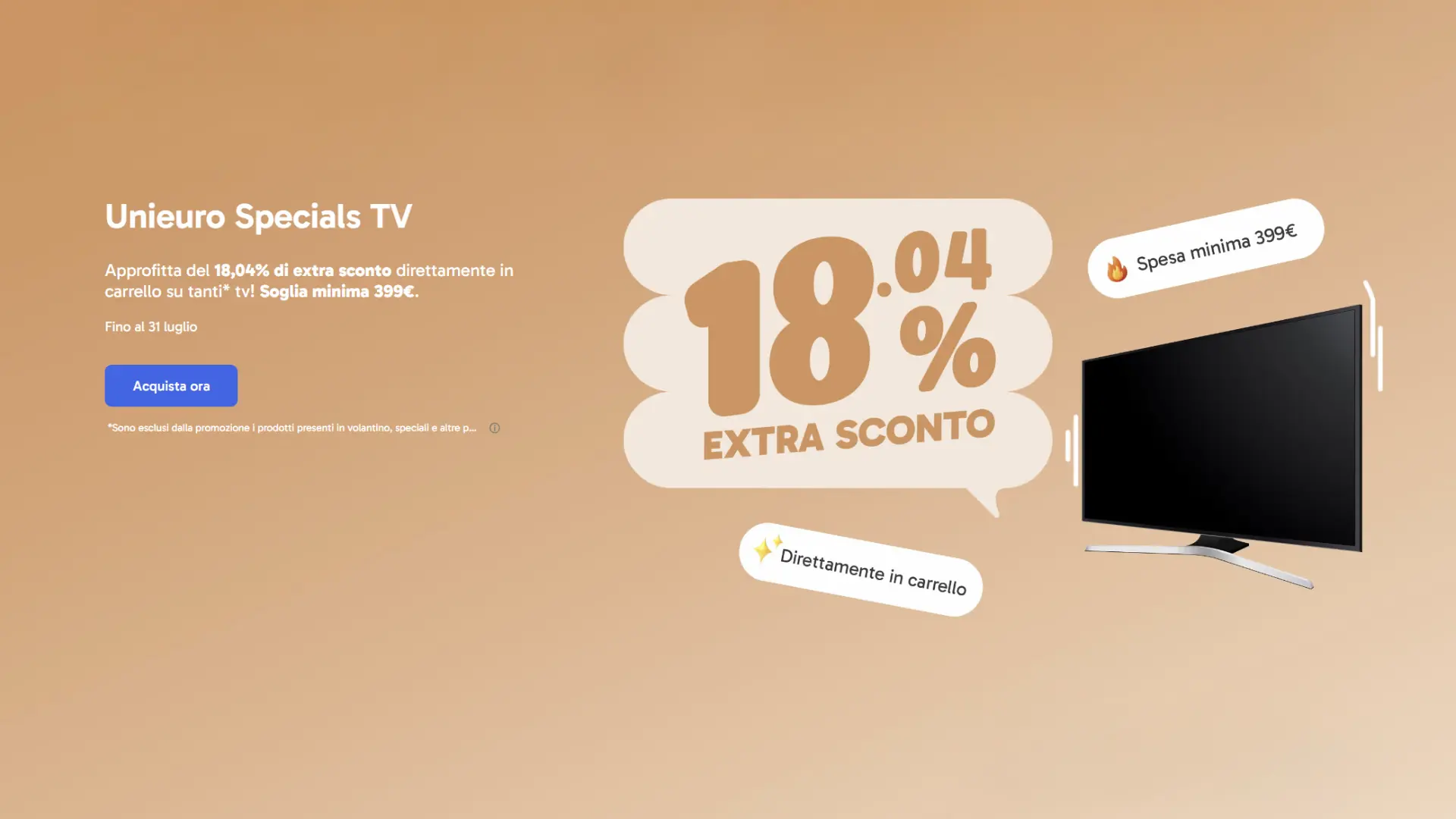 Unieuro Specials TV: 18,04% di sconto extra sui televisori fino al 31 luglio 2025 1 unieuro-specials-tv-offerta-18-sconto-checkout-luglio-2025