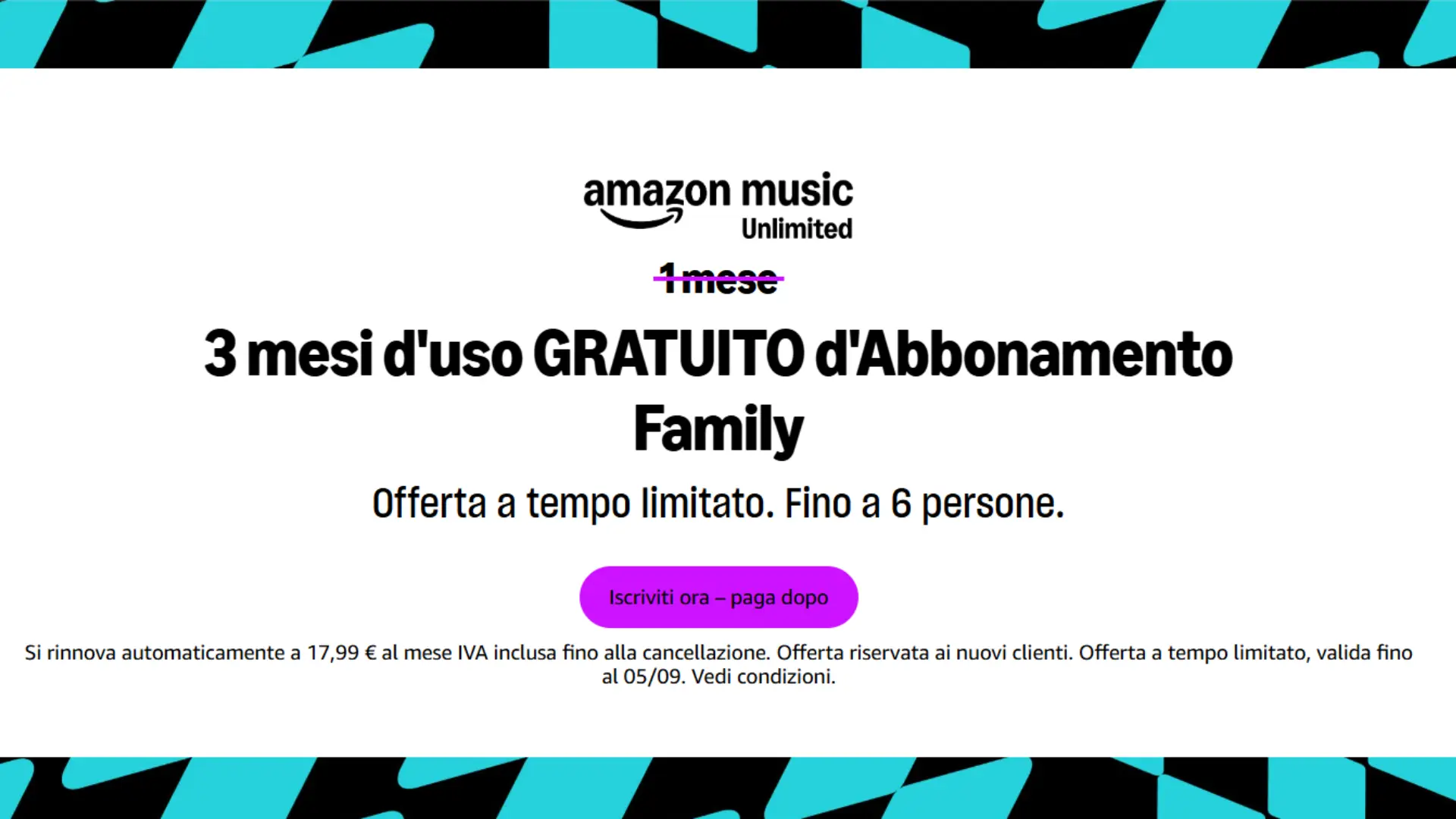 Amazon Music Unlimited Family GRATIS per 3 mesi (6 utenti) fino al 5 settembre 2025