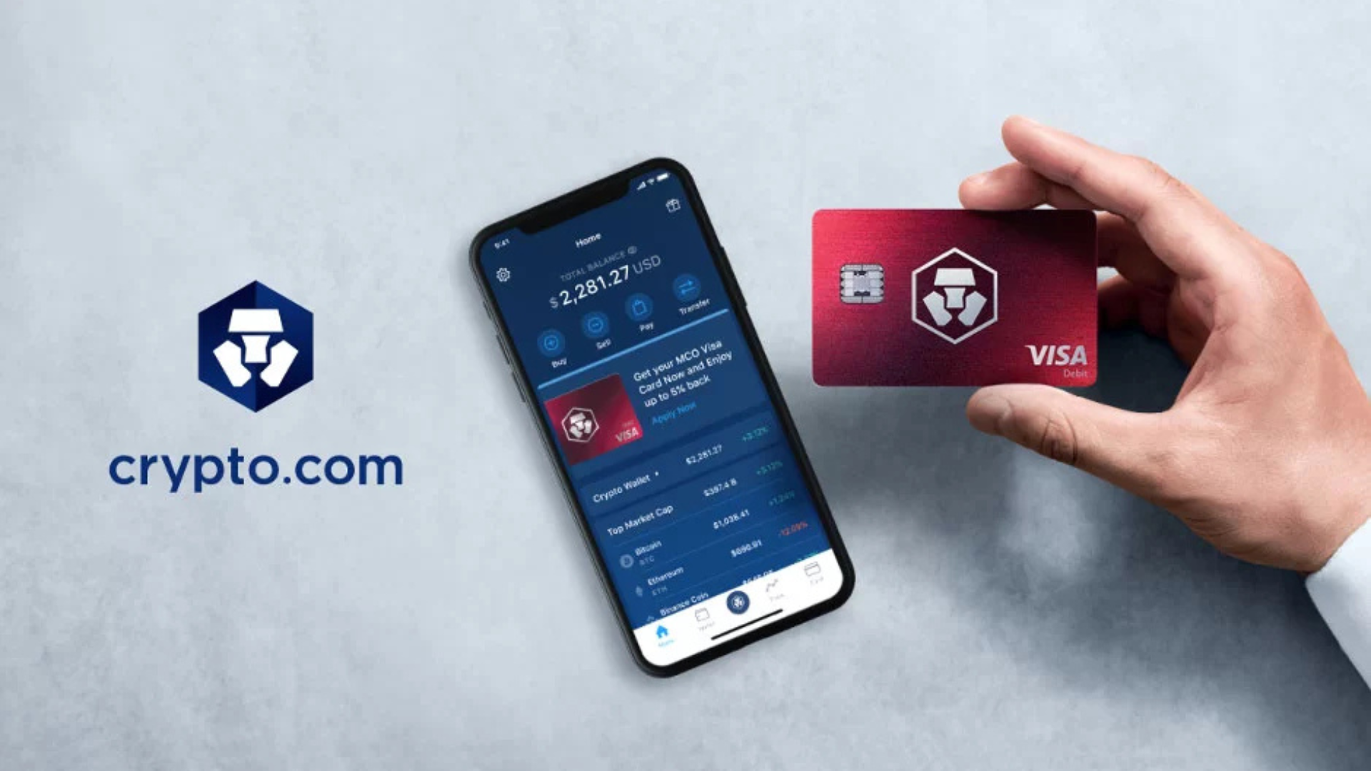 Smartphone e carta di debito Crypto.com, saldo $2,281.27, cashback fino al 5%, bonus fino a 50 USD in CRO per nuovi iscritti.