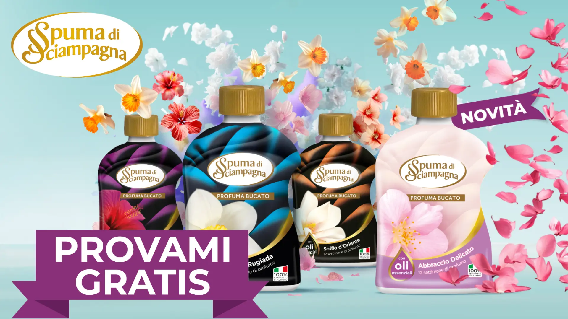 Cashback Spuma di Sciampagna: prova GRATIS un profumatore bucato 1 Immagine dei profumatori bucato Spuma di Sciampagna con scritta Provami Gratis e fiori colorati