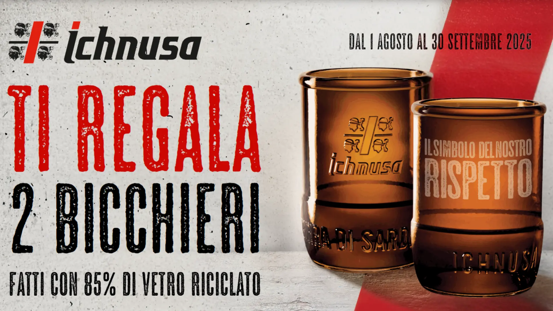 Premio certo Birra Ichnusa 2025: ricevi 2 bicchieri GRATIS 1 Immagine promozionale Ichnusa 2025 con bicchieri in vetro riciclato in regalo