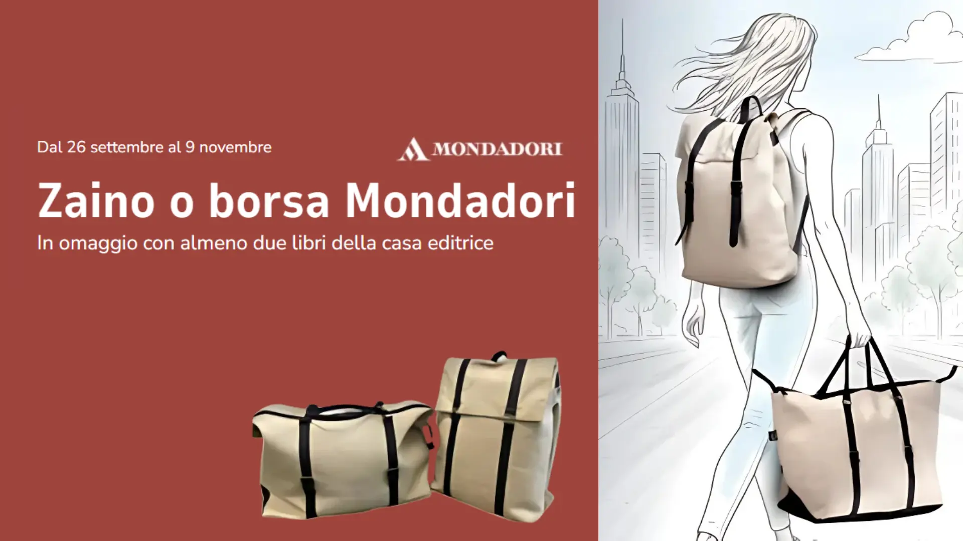 Zaino e borsa Mondadori in omaggio con 2 libri dal 26 settembre al 9 novembre 2025