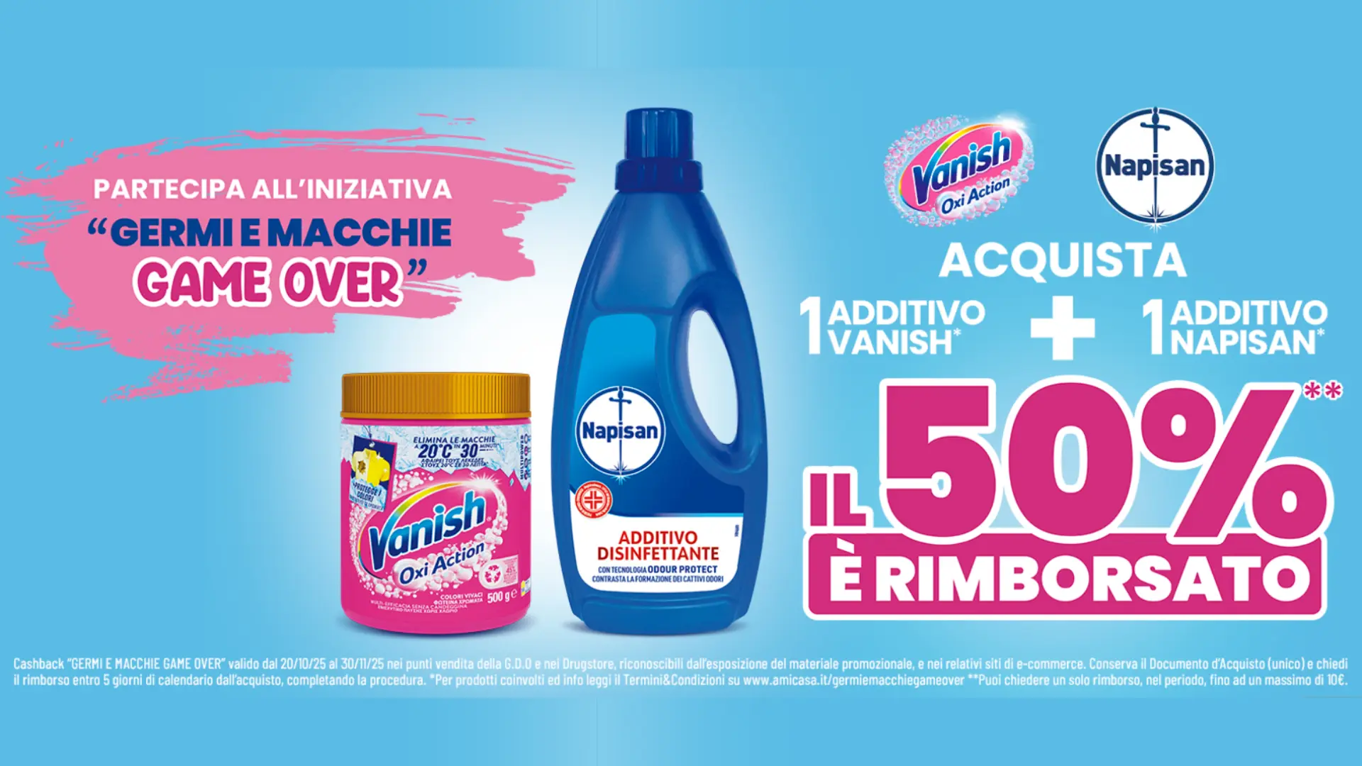 Cashback Napisan e Vanish: acquista 1 additivo per marca e ottieni il 50% di rimborso