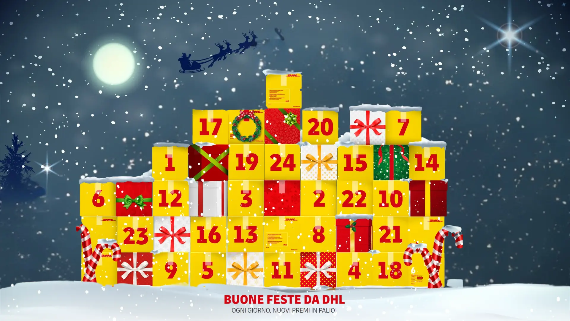 Calendario dell’Avvento DHL con pacchi gialli numerati e grafica natalizia innevata