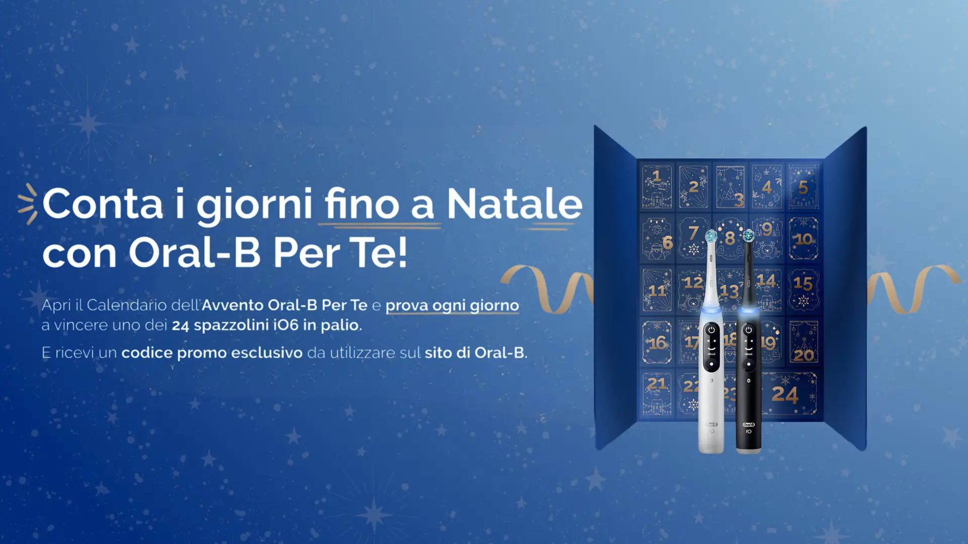 Calendario dell’Avvento Oral-B Per Te con caselle numerate e spazzolini iO6 in primo piano