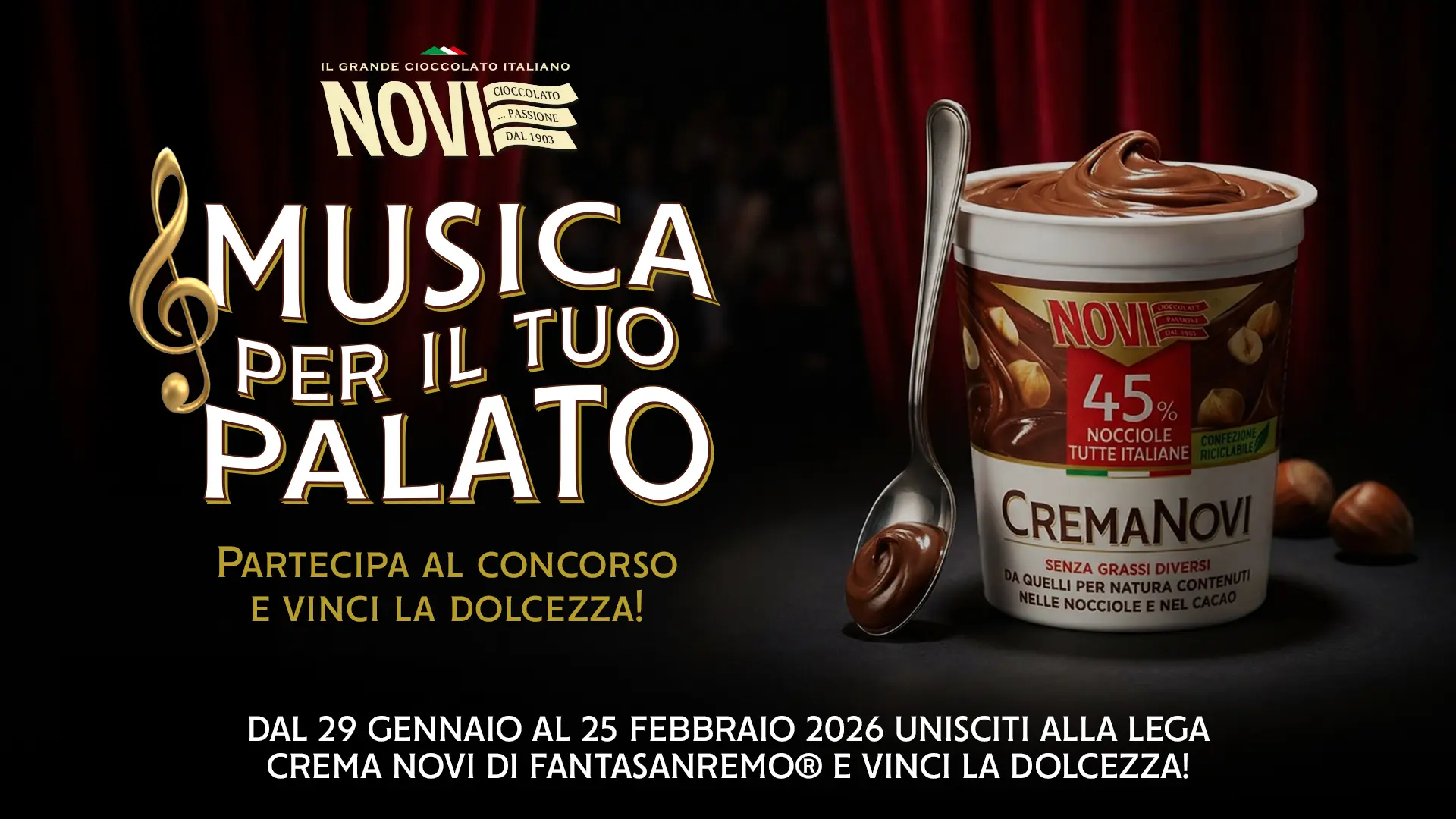 Crema Novi concorso FantaSanremo 2026 con premio fornitura di cioccolato e visita alla Fabbrica Novi