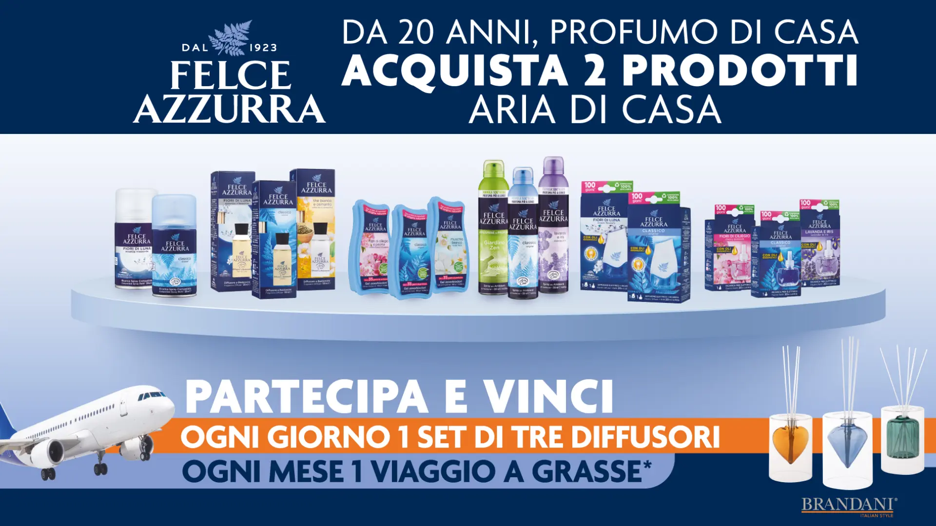 Banner concorso Felce Azzurra Aria di Casa con premi diffusori Brandani e viaggio a Grasse