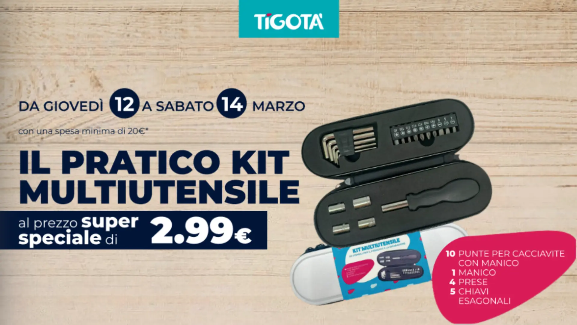Tigotà Kit Multiutensile a 2,99€: dal 12 al 14 marzo 2026