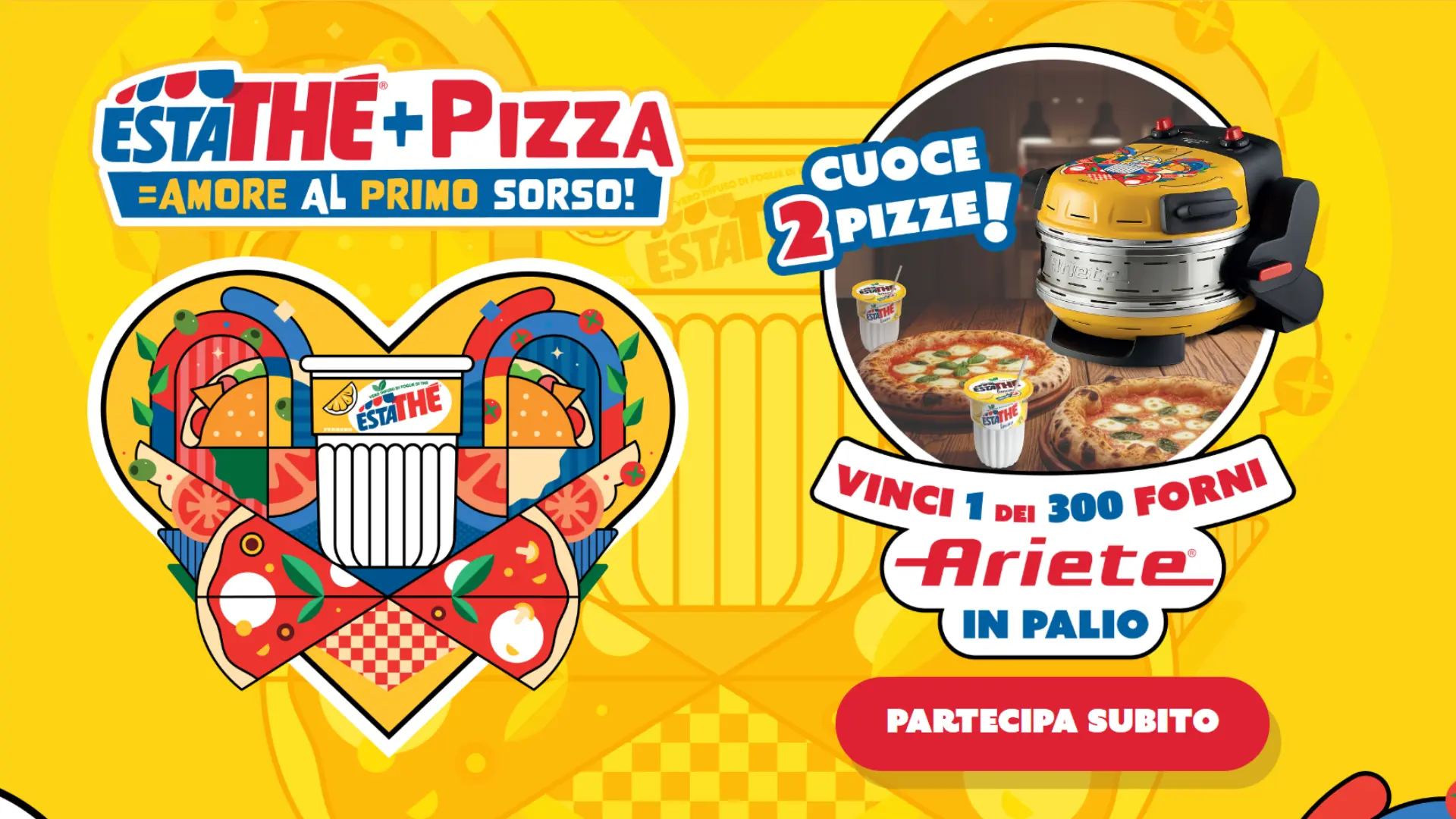 Grafica promozionale del concorso Estathé 2026 con forno pizza Ariete in palio
