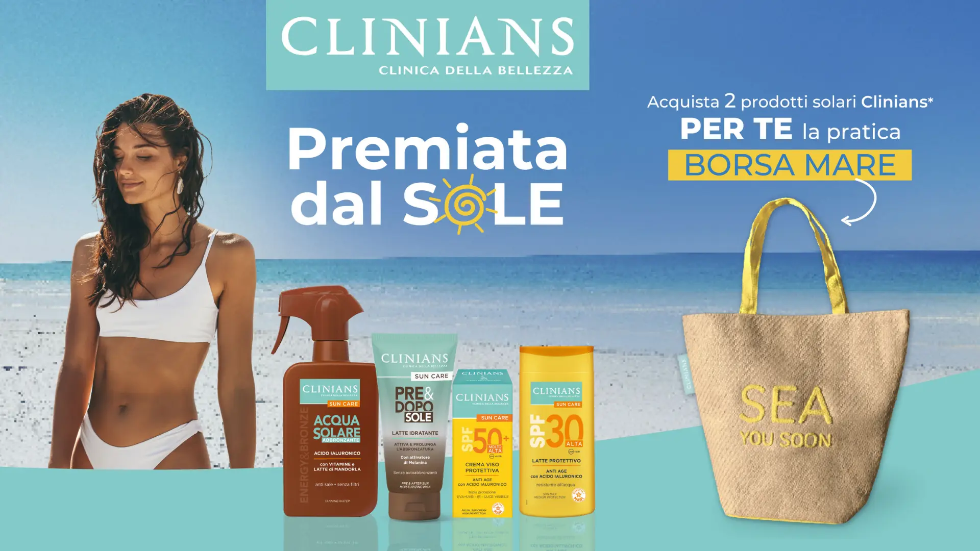 Clinians promo solari borsa mare gratis acquistando 2 prodotti