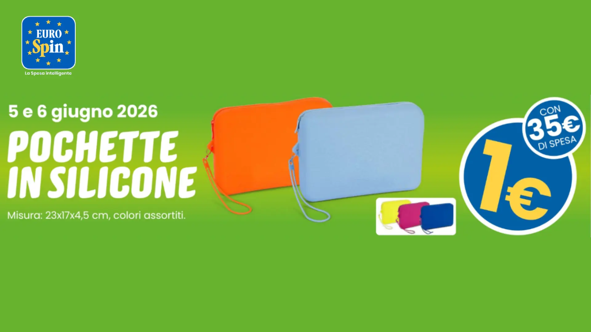 Pochette in silicone Eurospin disponibili a 1 euro il 5 e 6 giugno 2026