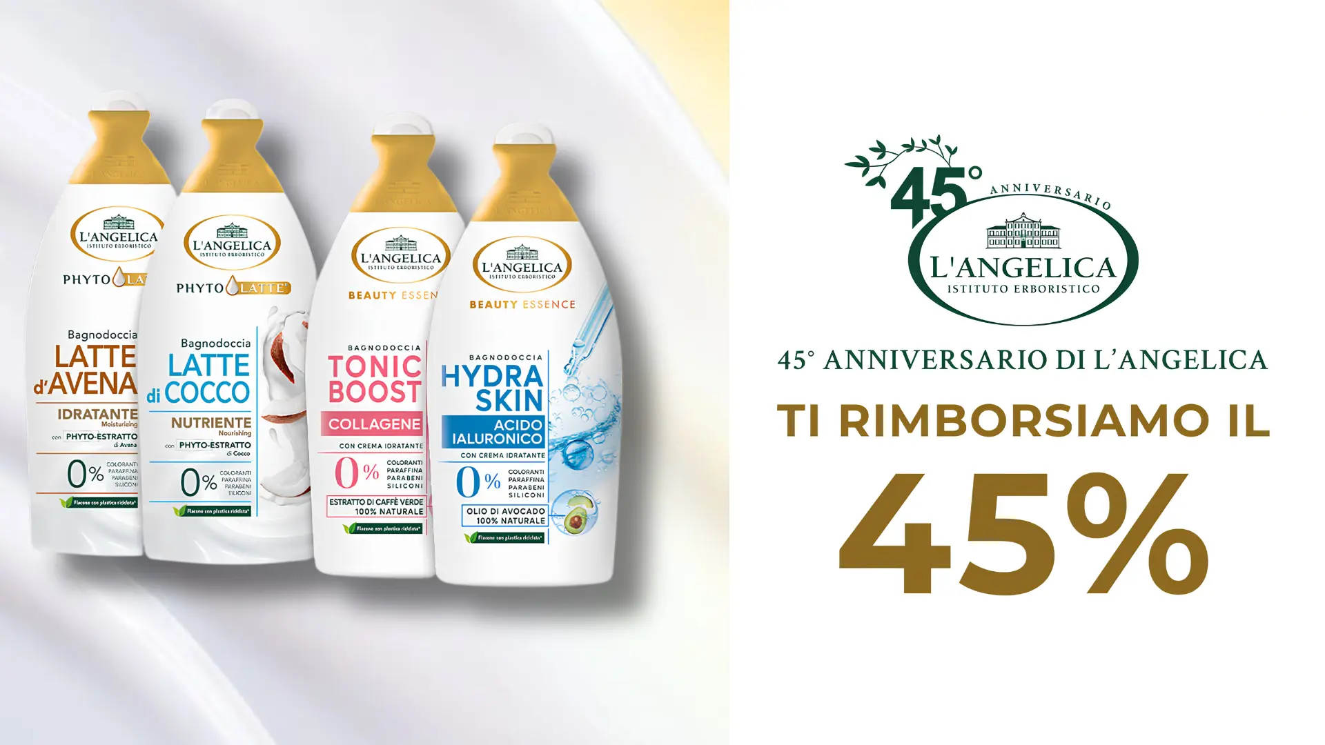 Promo L’Angelica 45° anniversario con rimborso del 45% sui prodotti Toiletries