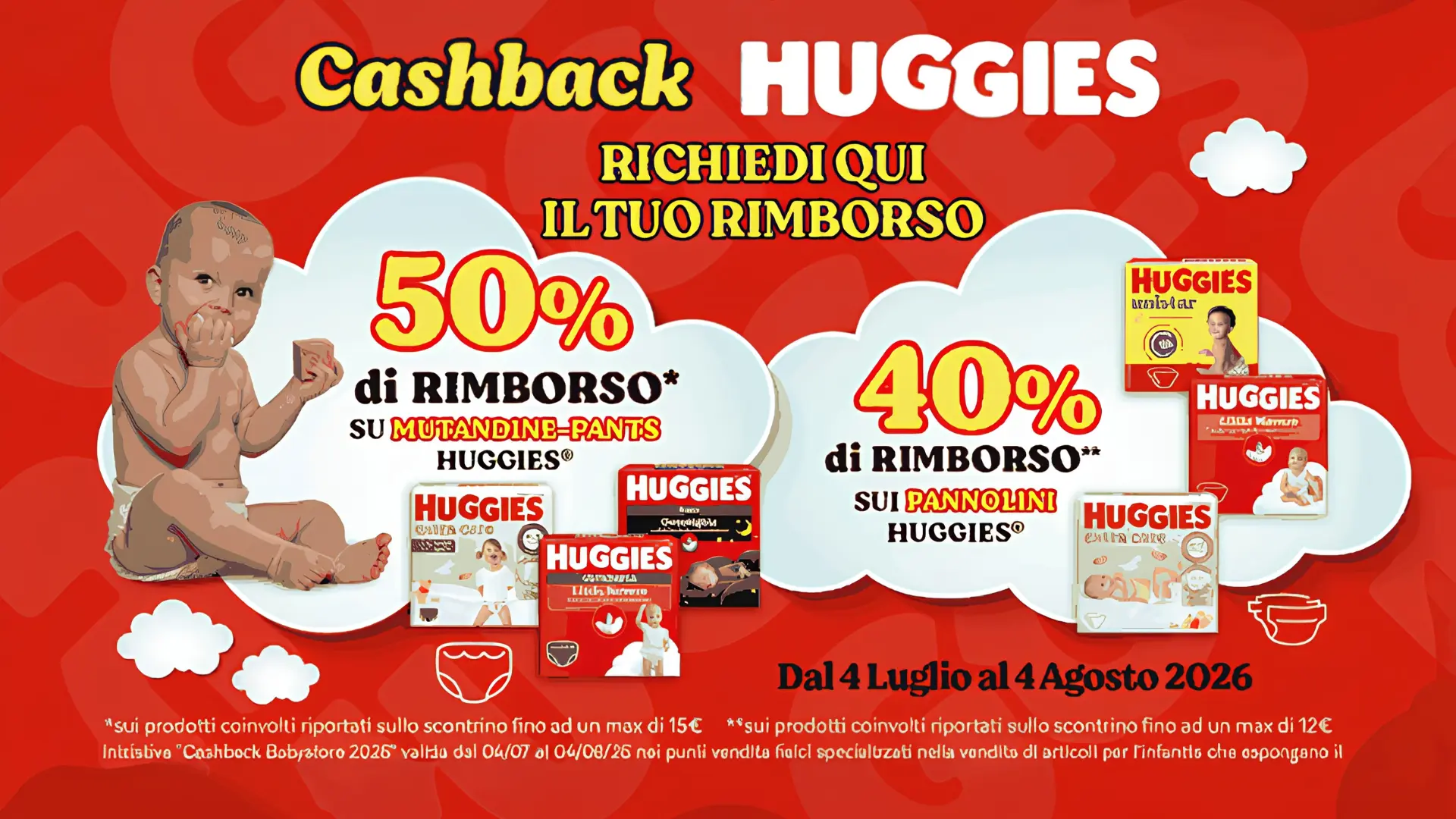 Promo Cashback Huggies 2026 con rimborso fino al 50% sui pannolini aderenti