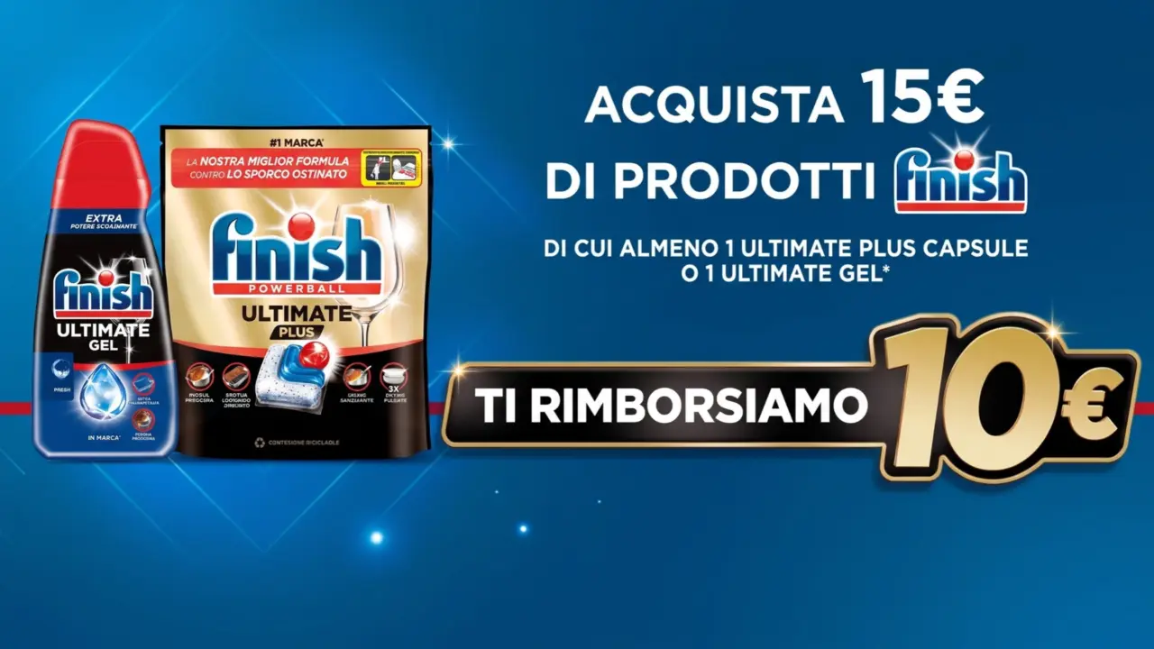 Cashback Finish ti rimborsa Autunno 2026: 10€ di rimborso sui detersivi per lavastoviglie