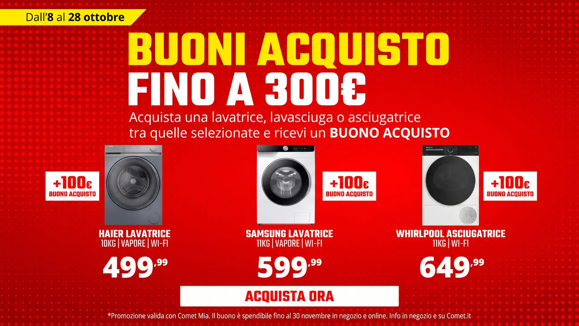 Comet grandi elettrodomestici: buoni acquisto fino a 300€ su lavatrici e asciugatrici
