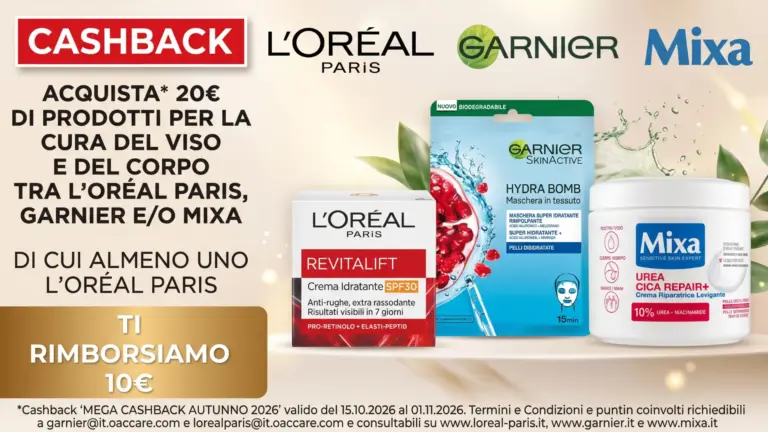 Mega Cashback Autunno L’Oréal: 10€ di rimborso con 20€ di acquisti da Acqua & Sapone