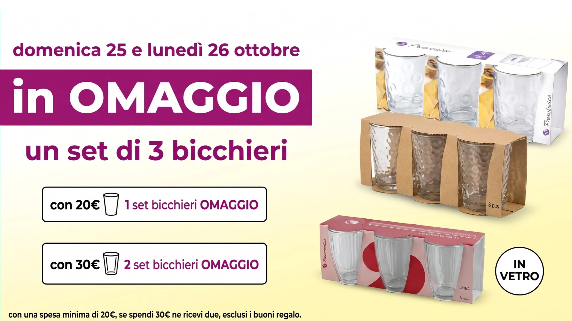 Omaggio Acqua & Sapone: set di bicchieri gratis con la spesa il 25 e 26 ottobre 2026
