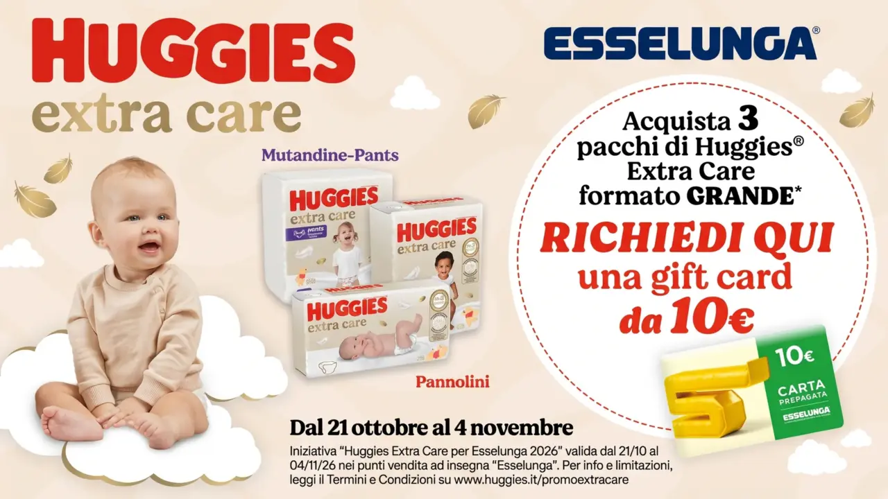 Premio certo Huggies Extra Care: gift card Esselunga da 10€ con 3 confezioni di pannolini